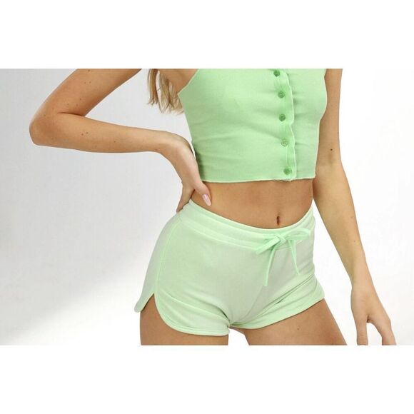 70s inspired drawstring sporty pull on short shorts Pastel Lime Green XS cider - Picture 2 of 7